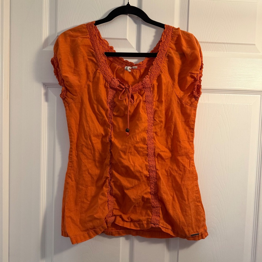 vintage Hang Ten Peasant Top Orange Large Crochet Lace Trim Casual Summer Beach